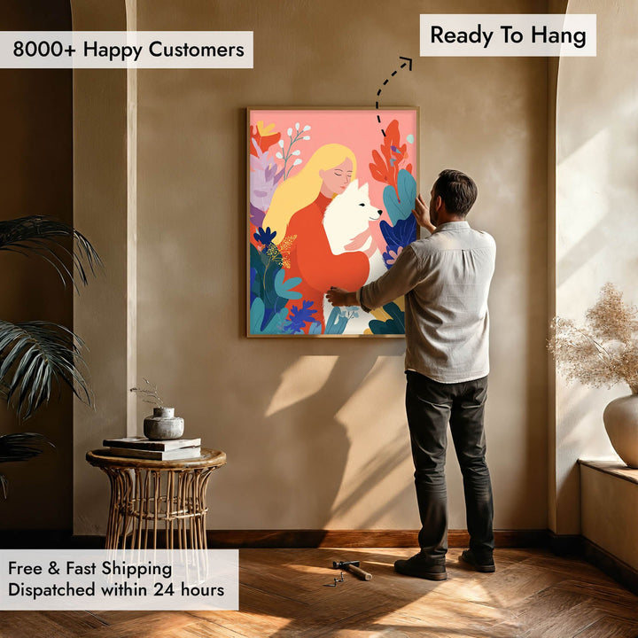 Woman and Dog Modern Illustration Wall Art