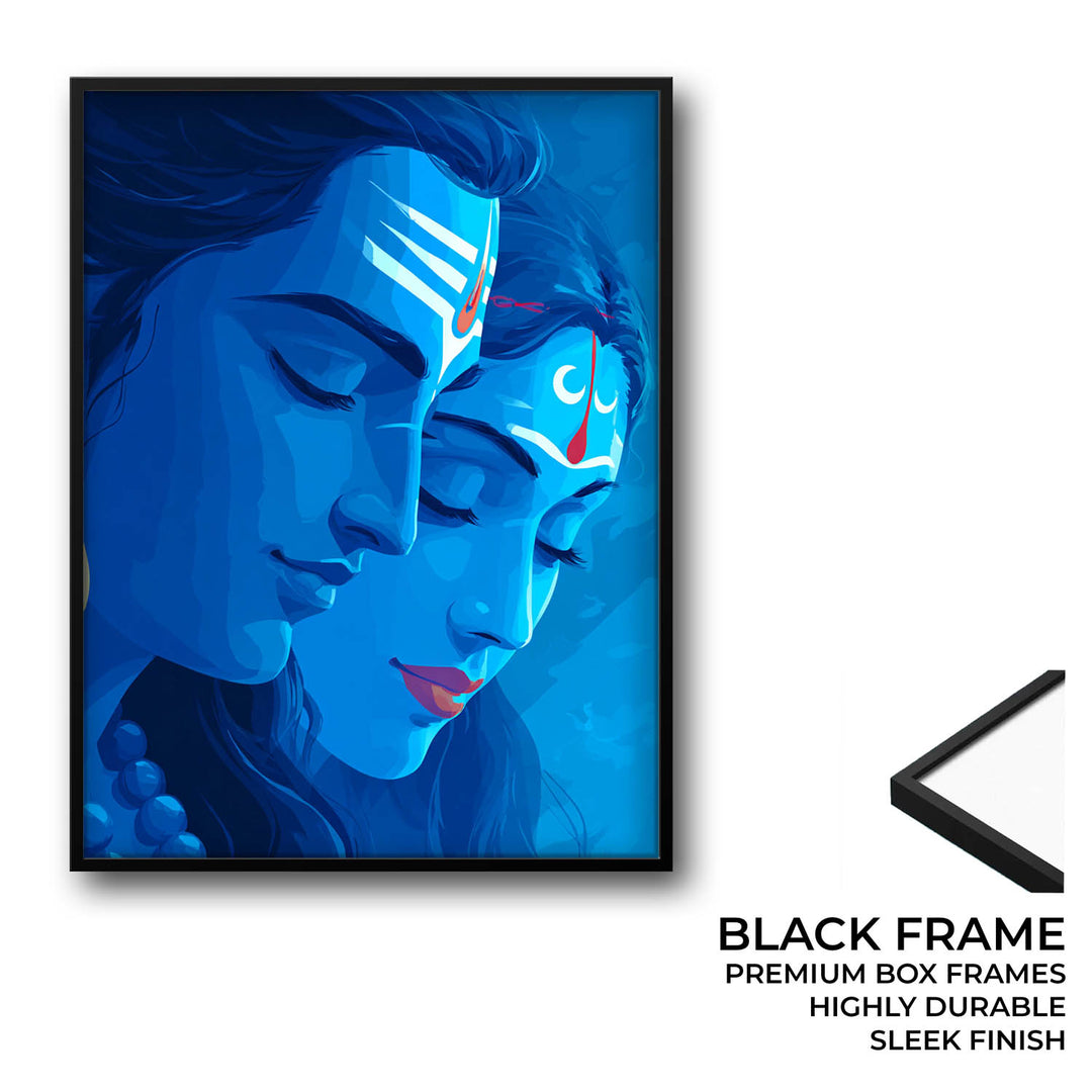 Framed artwork of a stylized face with blue tones and black frame on a white background