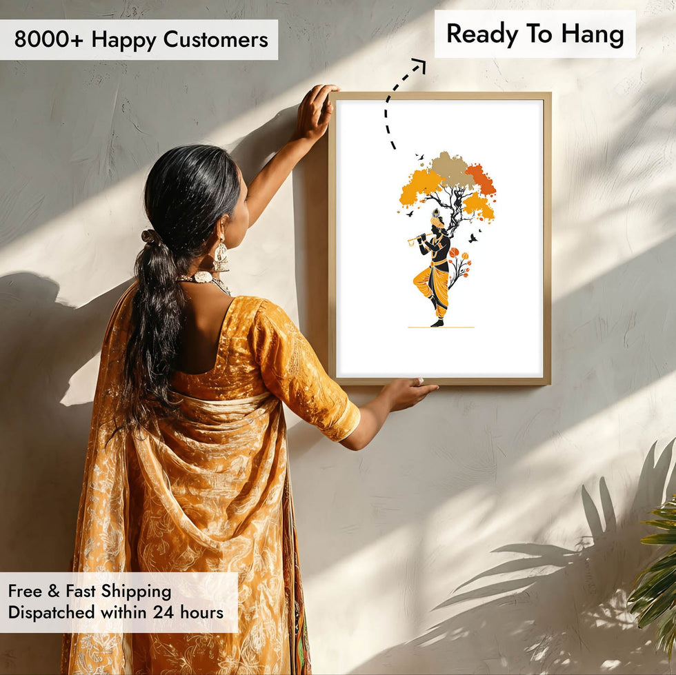 Krishna playing flute devotional wall art print