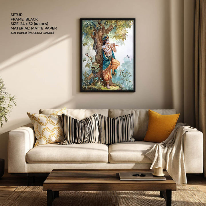 Lord Krishna Flute Painting under Tree – Vastu Wall Art