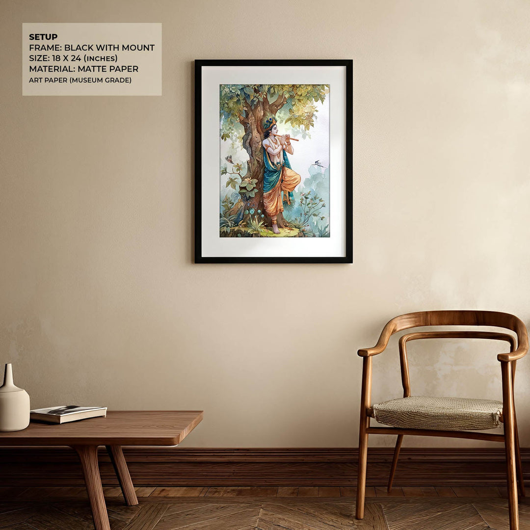Lord Krishna Flute Painting under Tree – Vastu Wall Art