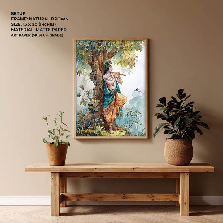 Lord Krishna Flute Painting under Tree – Vastu Wall Art