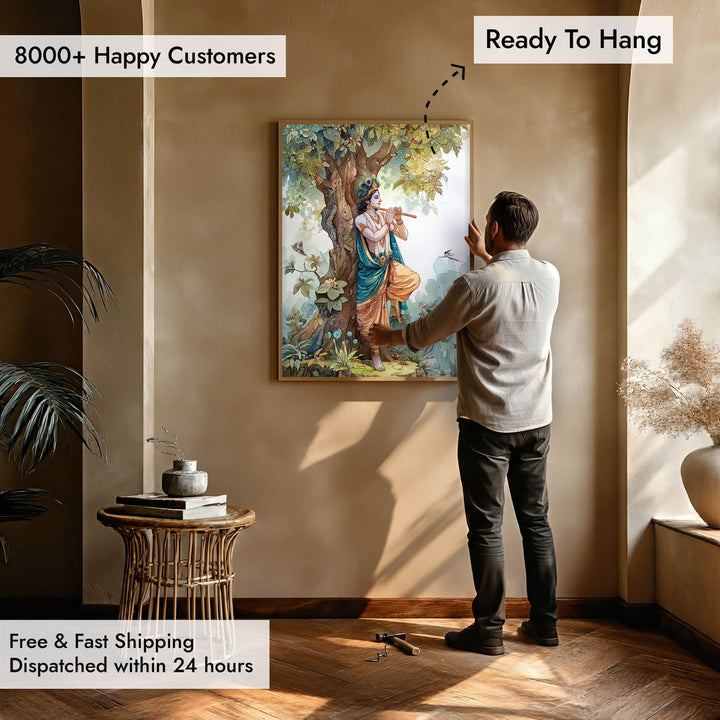 Lord Krishna Flute Painting under Tree – Vastu Wall Art