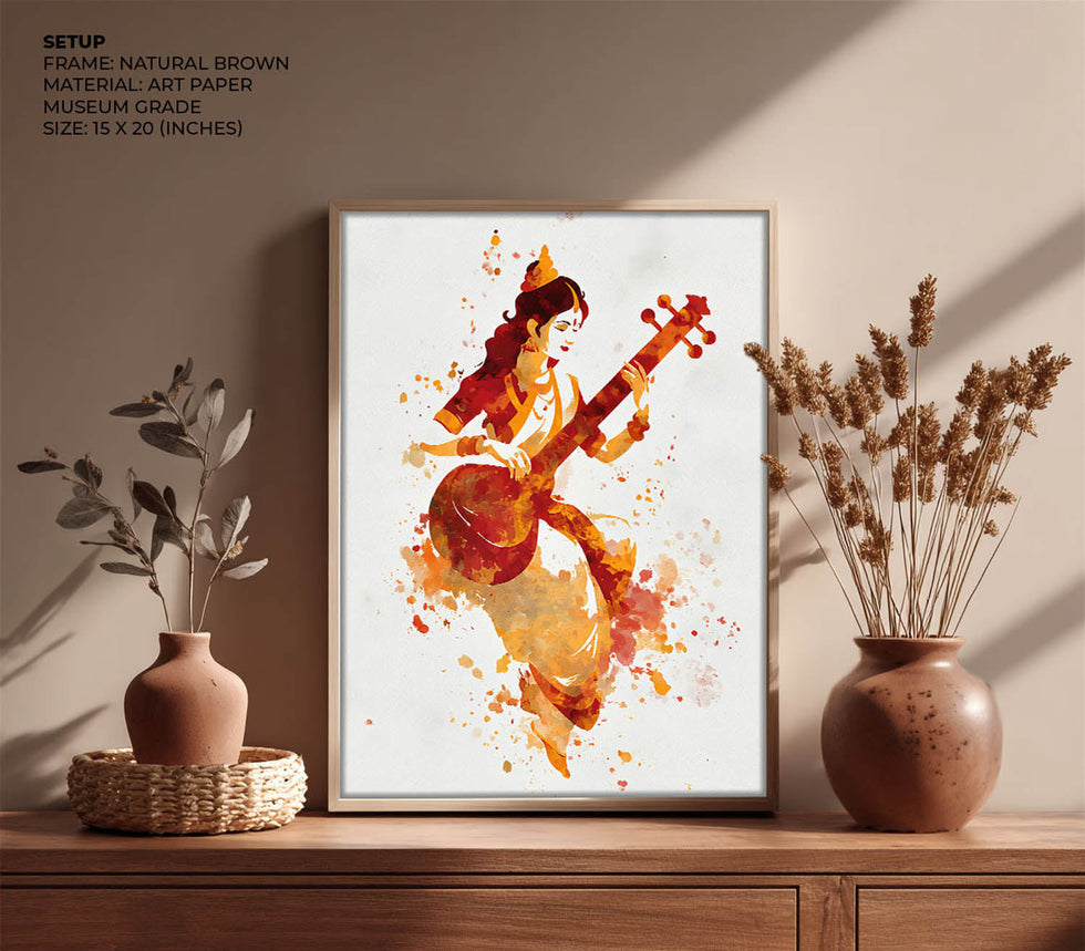 Veena Saraswati Painting – Goddess of Wisdom Wall Art