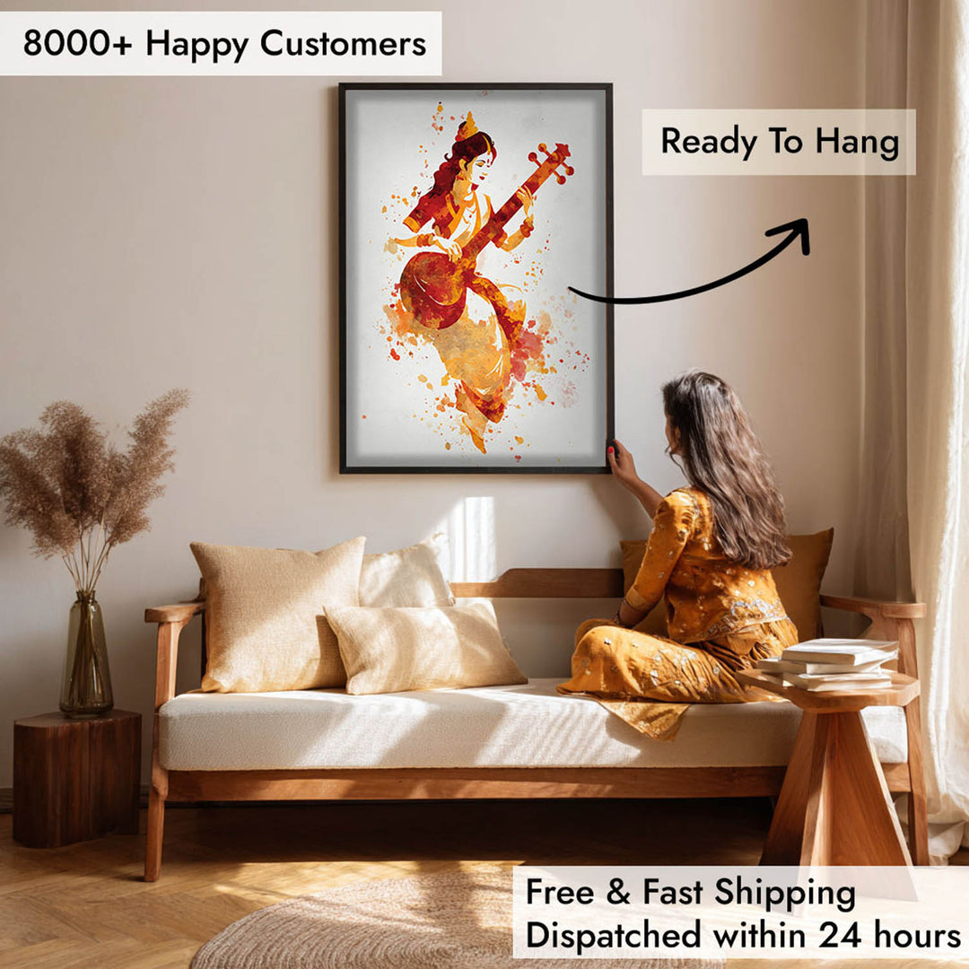 Veena Saraswati Painting – Goddess of Wisdom Wall Art