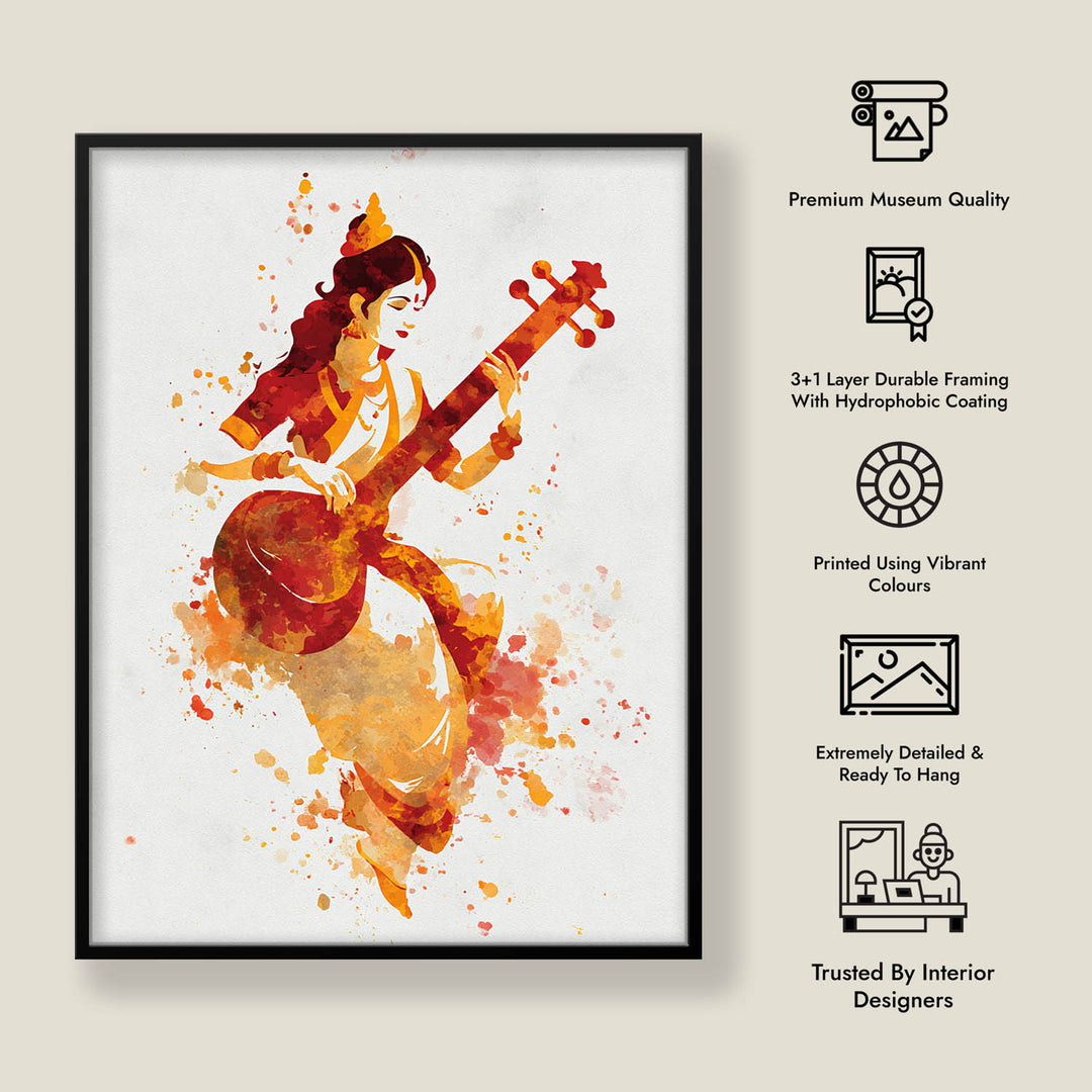 Veena Saraswati Painting – Goddess of Wisdom Wall Art