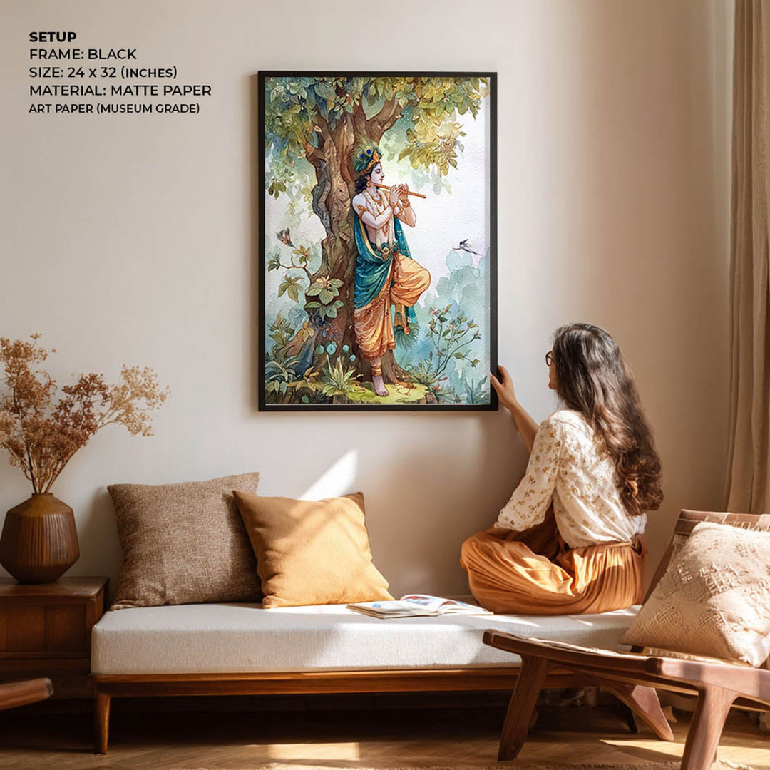 Lord Krishna Flute Painting under Tree – Vastu Wall Art