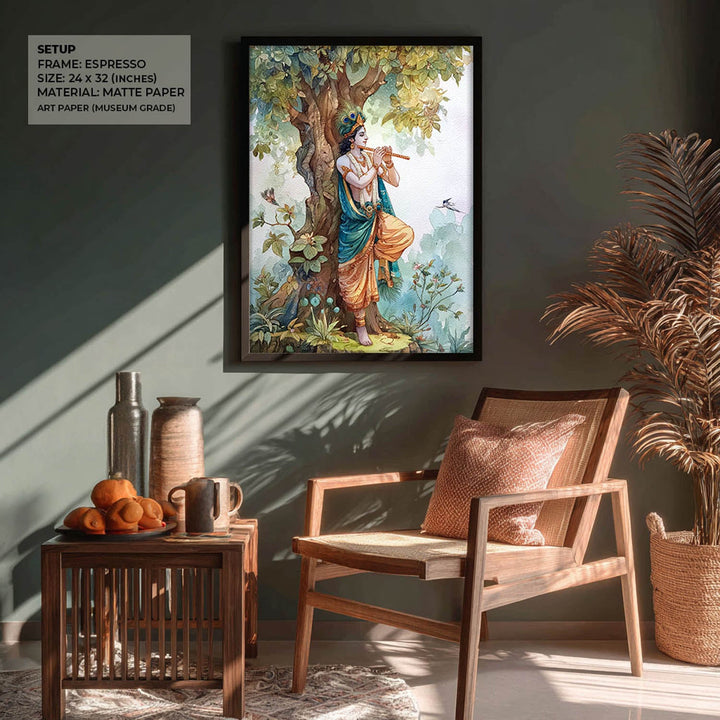 Lord Krishna Flute Painting under Tree – Vastu Wall Art