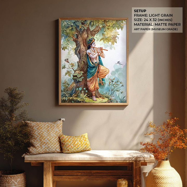Lord Krishna Flute Painting under Tree – Vastu Wall Art