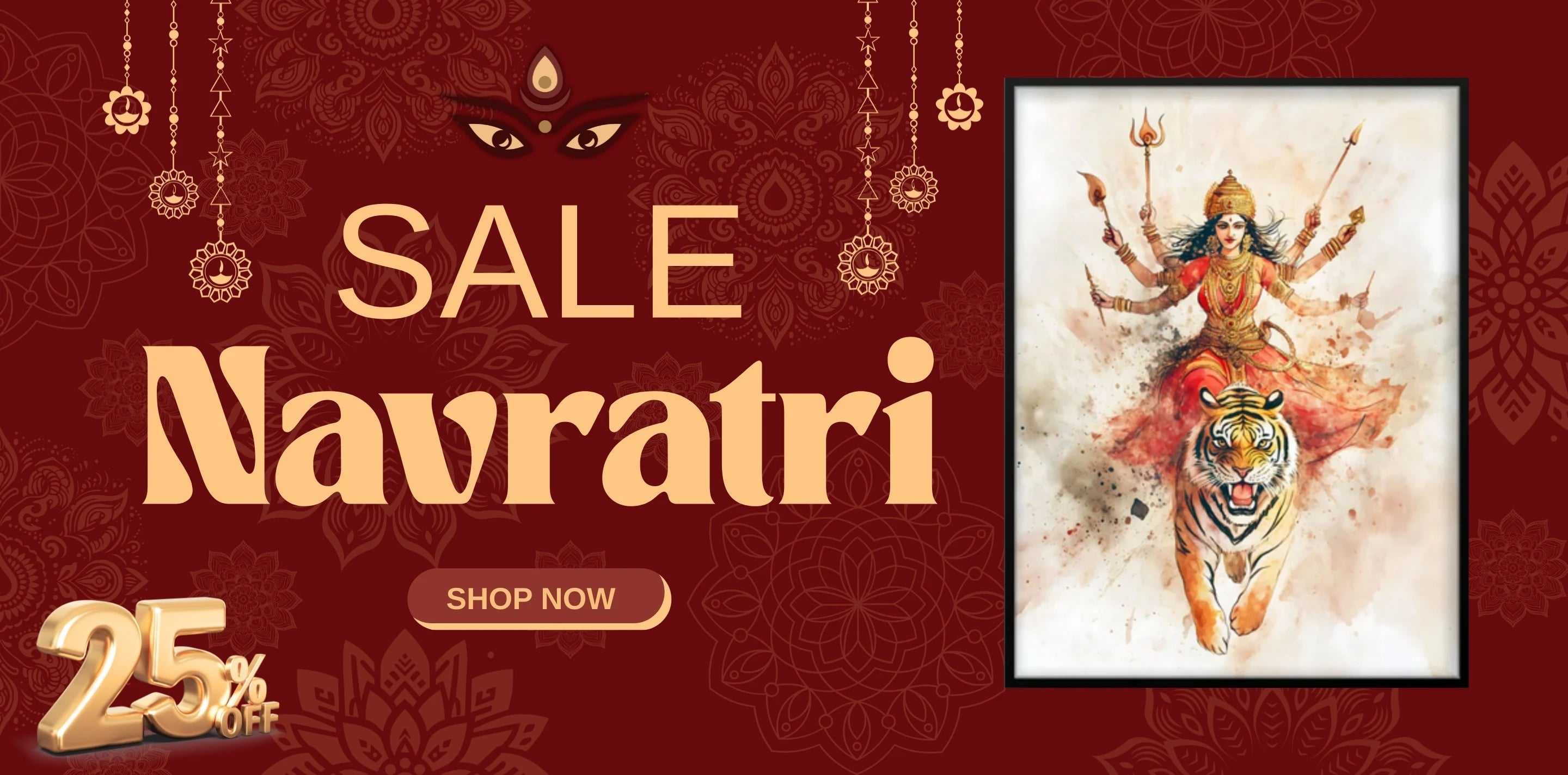 Navratri Sale banner of 25% off with durga maa painting