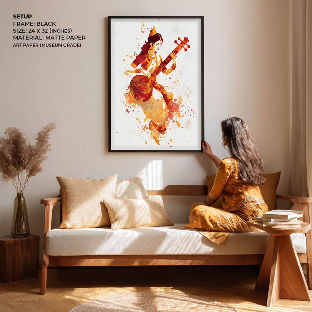 Veena Saraswati Painting – Goddess of Wisdom Wall Art