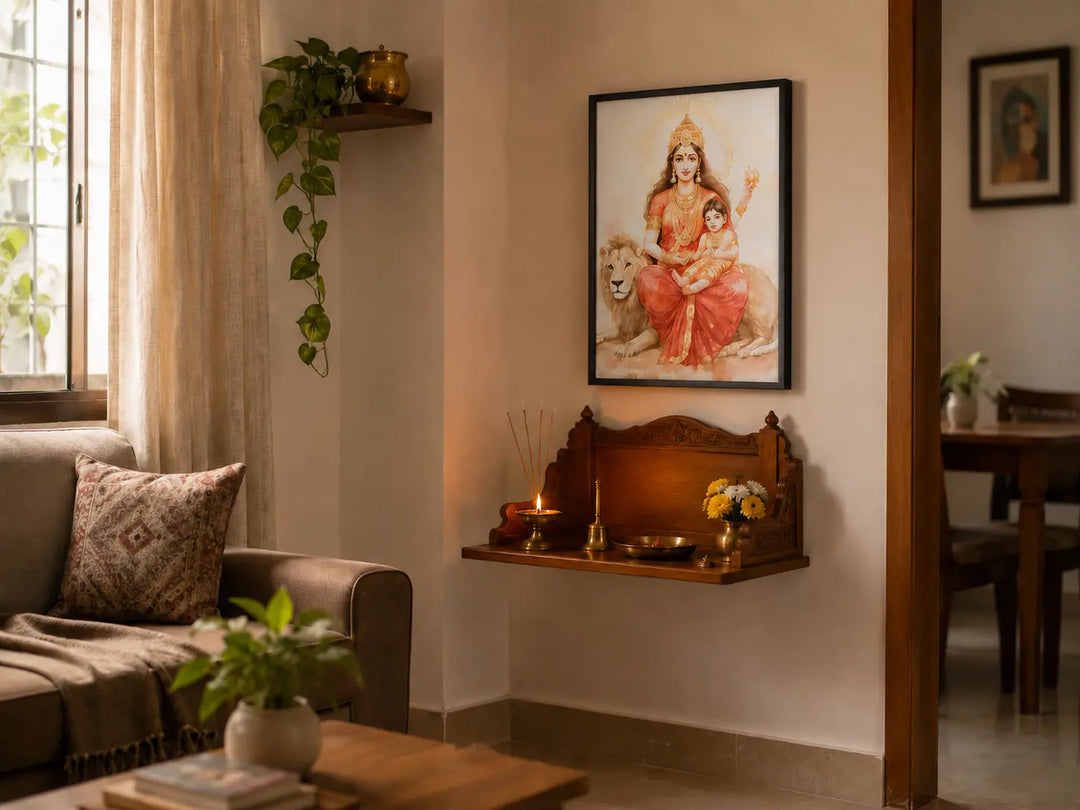 Compact apartment pooja corner with one framed devotional artwork