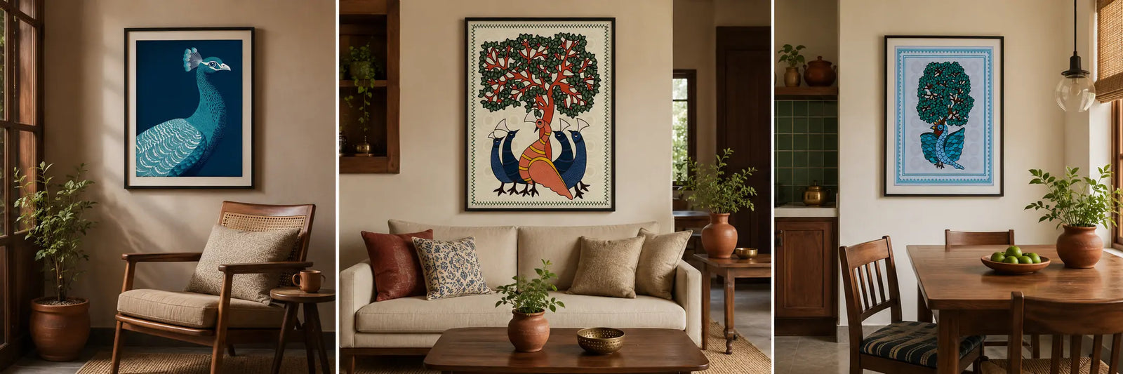 Gond art prints styled in a reading corner living room and kitchen