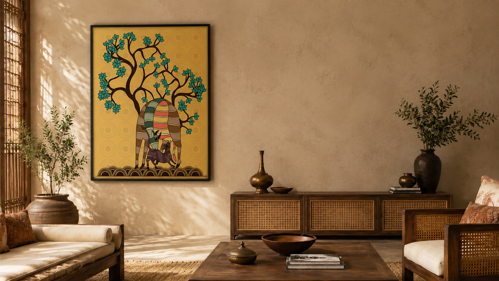 One Indian artwork used as a cultural anchor in a modern living room