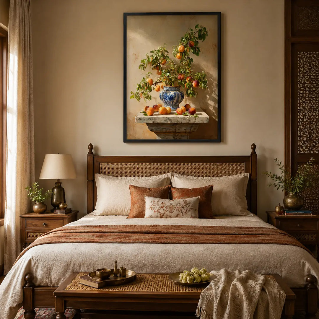 Decorative bedroom with a bed, nightstands, and a wall painting.