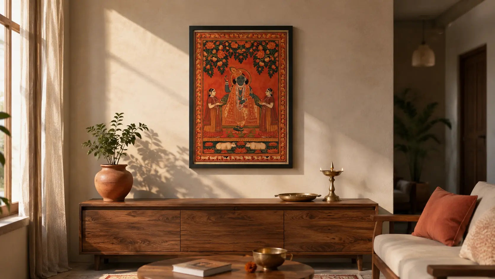 Pichwai-inspired shreenath ji artwork framed above a wooden console in a modern Indian living room