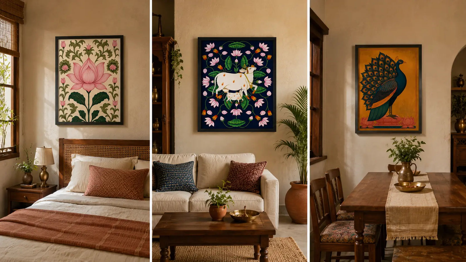 Pichwai art prints styled in bedroom, living room and dining room