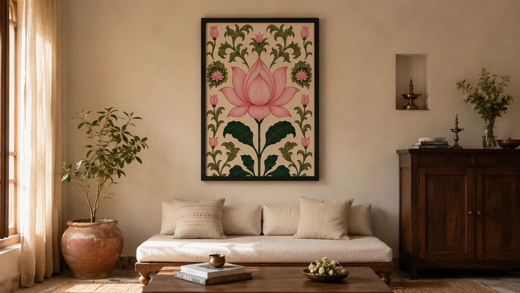 Pichwai art styled with restraint in an Indian decor room
