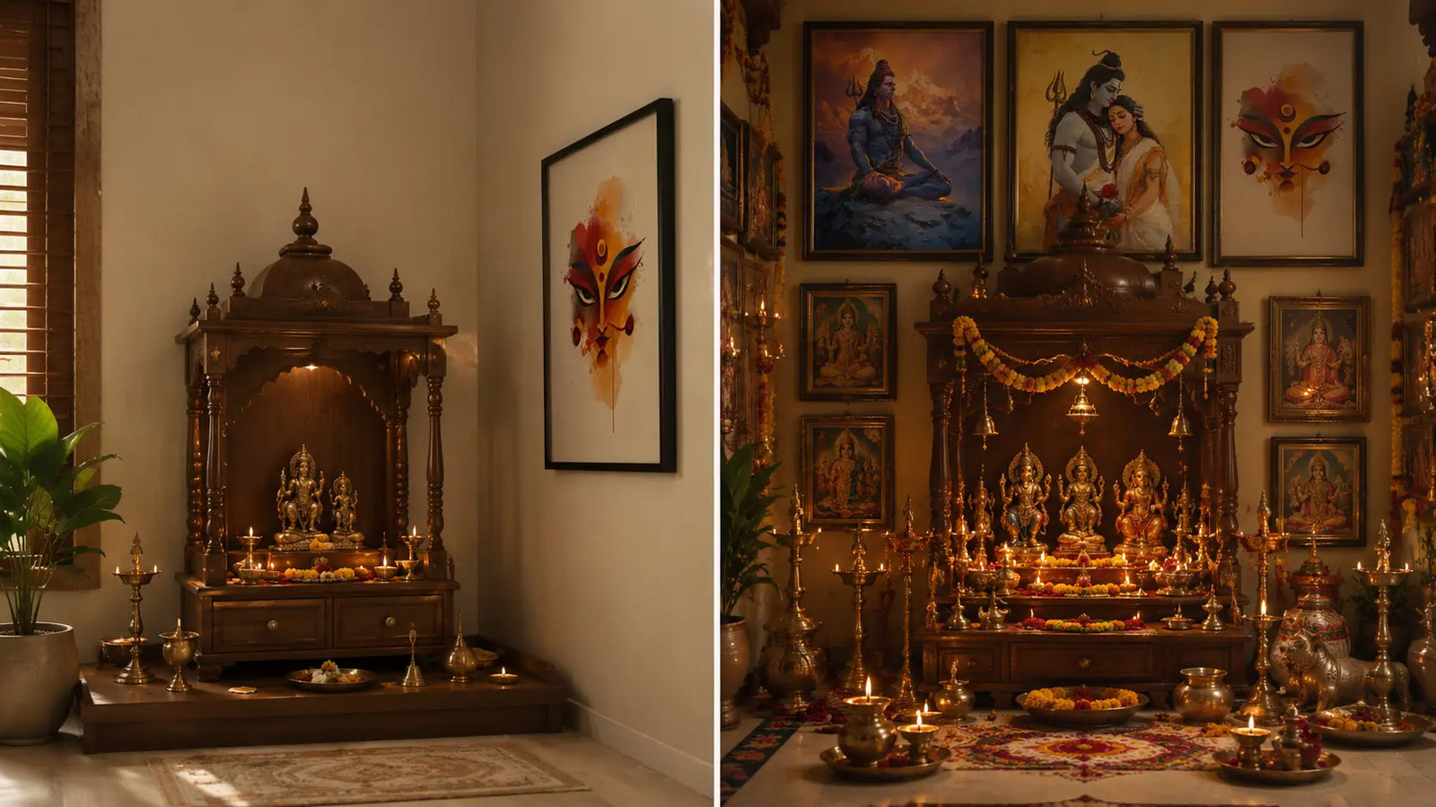 Pooja room wall art placed beside a mandir with clear visual space