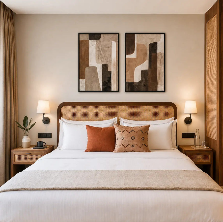 Set_of_2_abstract_artworks_hanging_above_the_bed_of_a_luxury_service_apartment