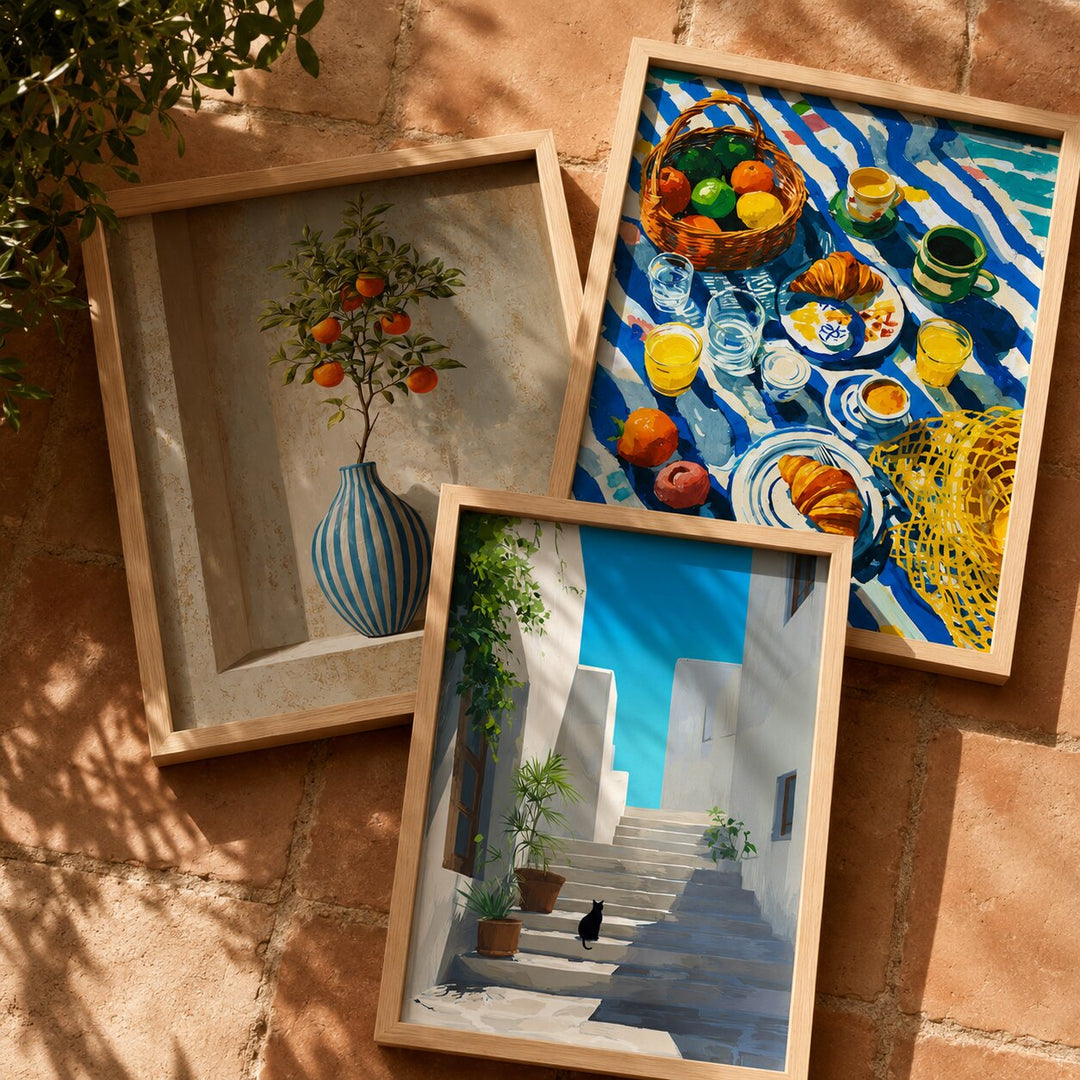 Sunlit Summer wall art collection with citrus blue door beach and Mediterranean street prints