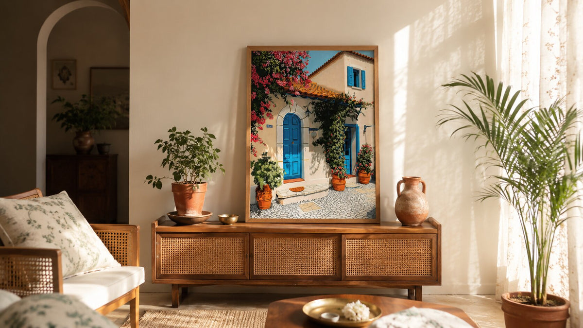 Sunlit Summer wall art styled in a warm Indian living room