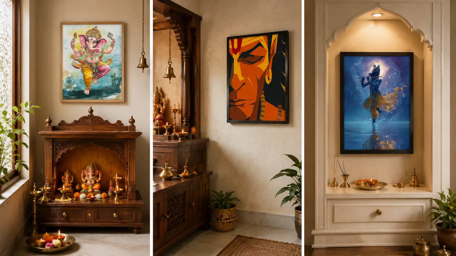 Wall art scale guide for a pooja room mandir and compact pooja corner