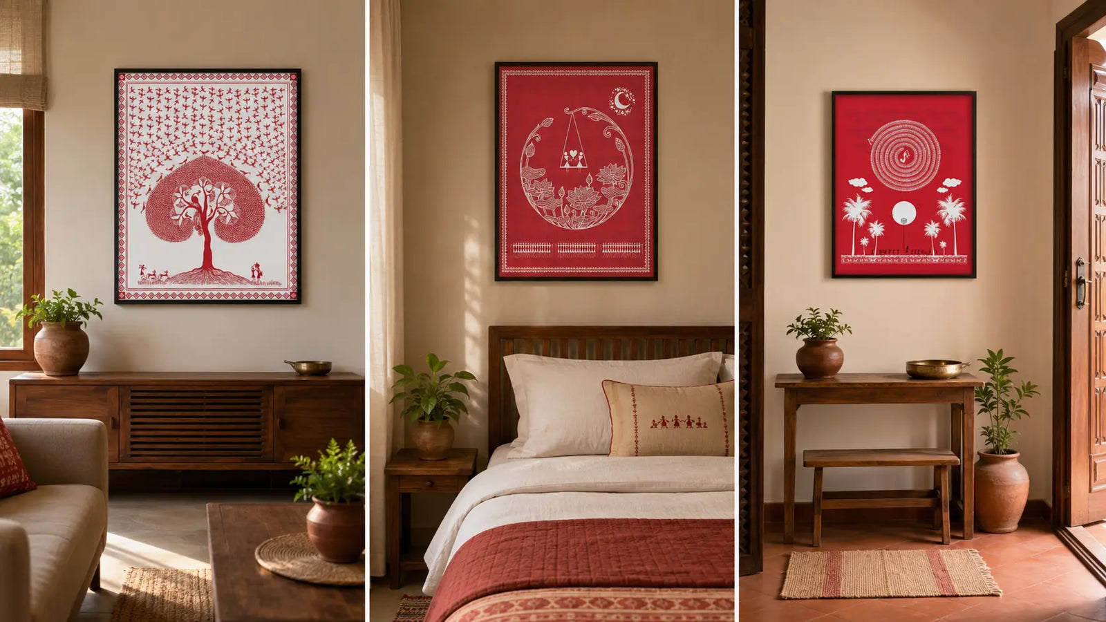 Warli art prints styled in a living room bedroom and entryway