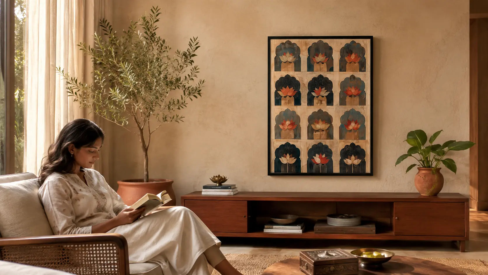 Madhubani-inspired framed artwork in a contemporary Indian living room