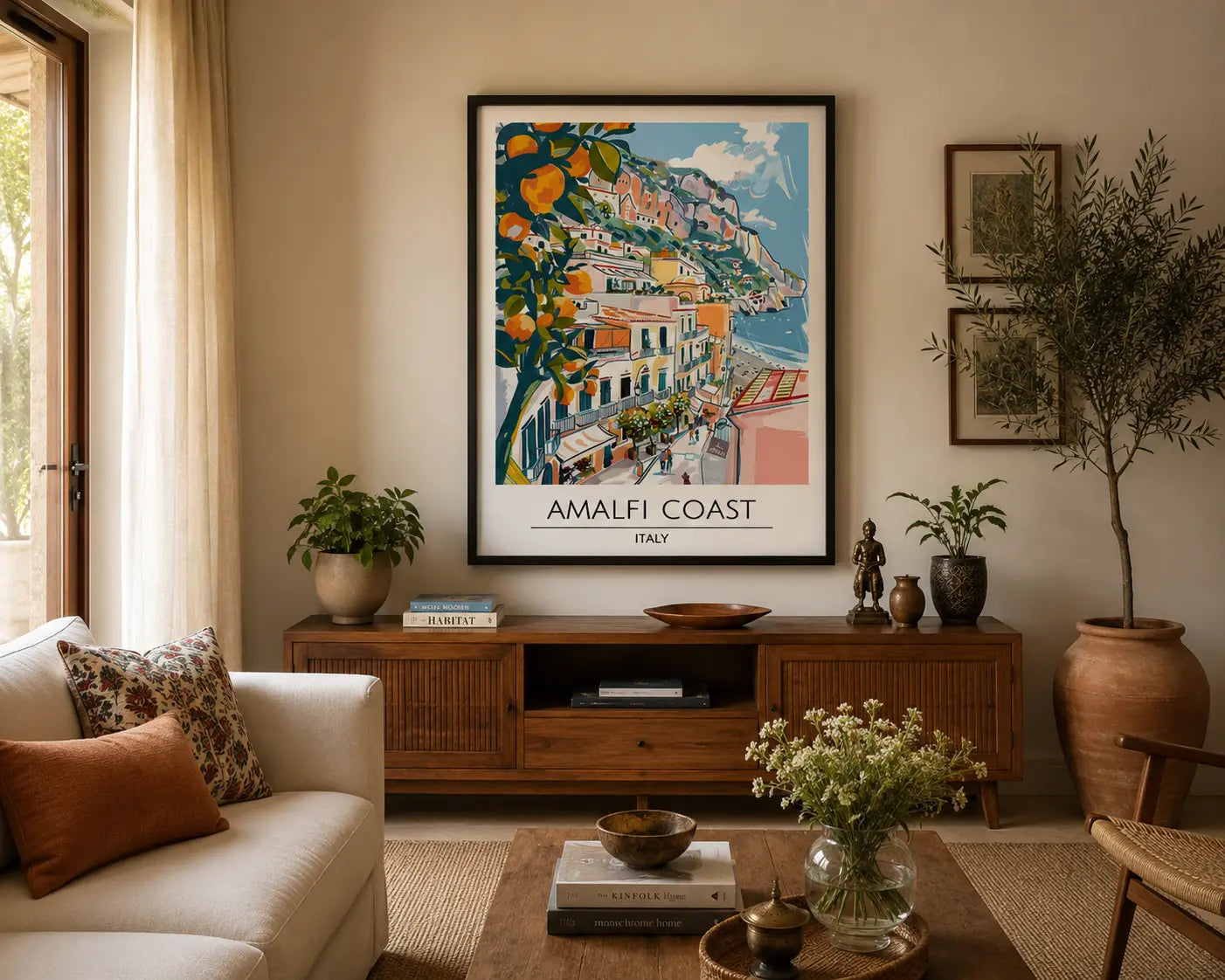 Living room with a framed Amalfi Coast print on the wall, a sofa, coffee table, and decorative items.