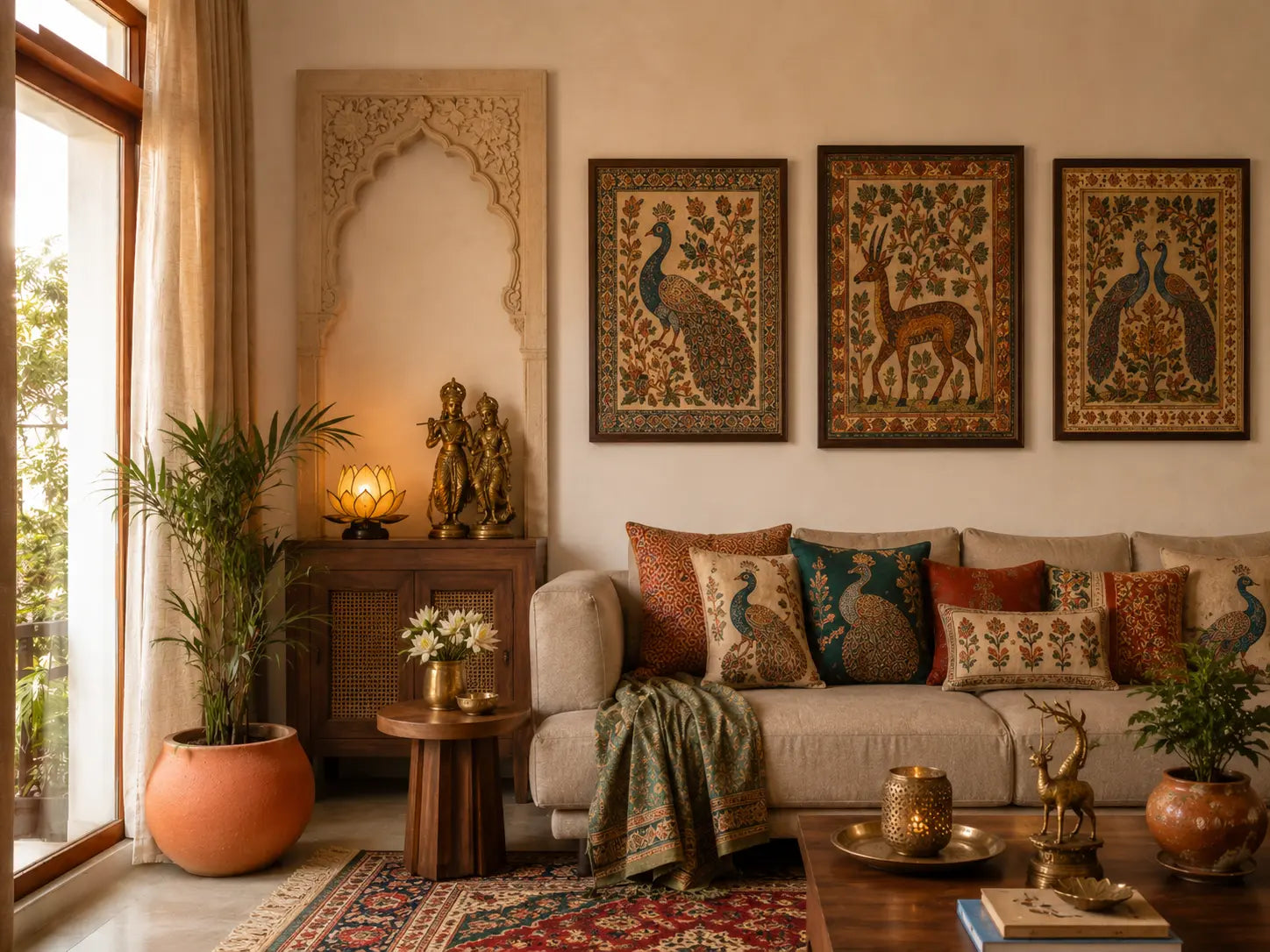 Multiple Indian decor motifs competing in an overly themed room
