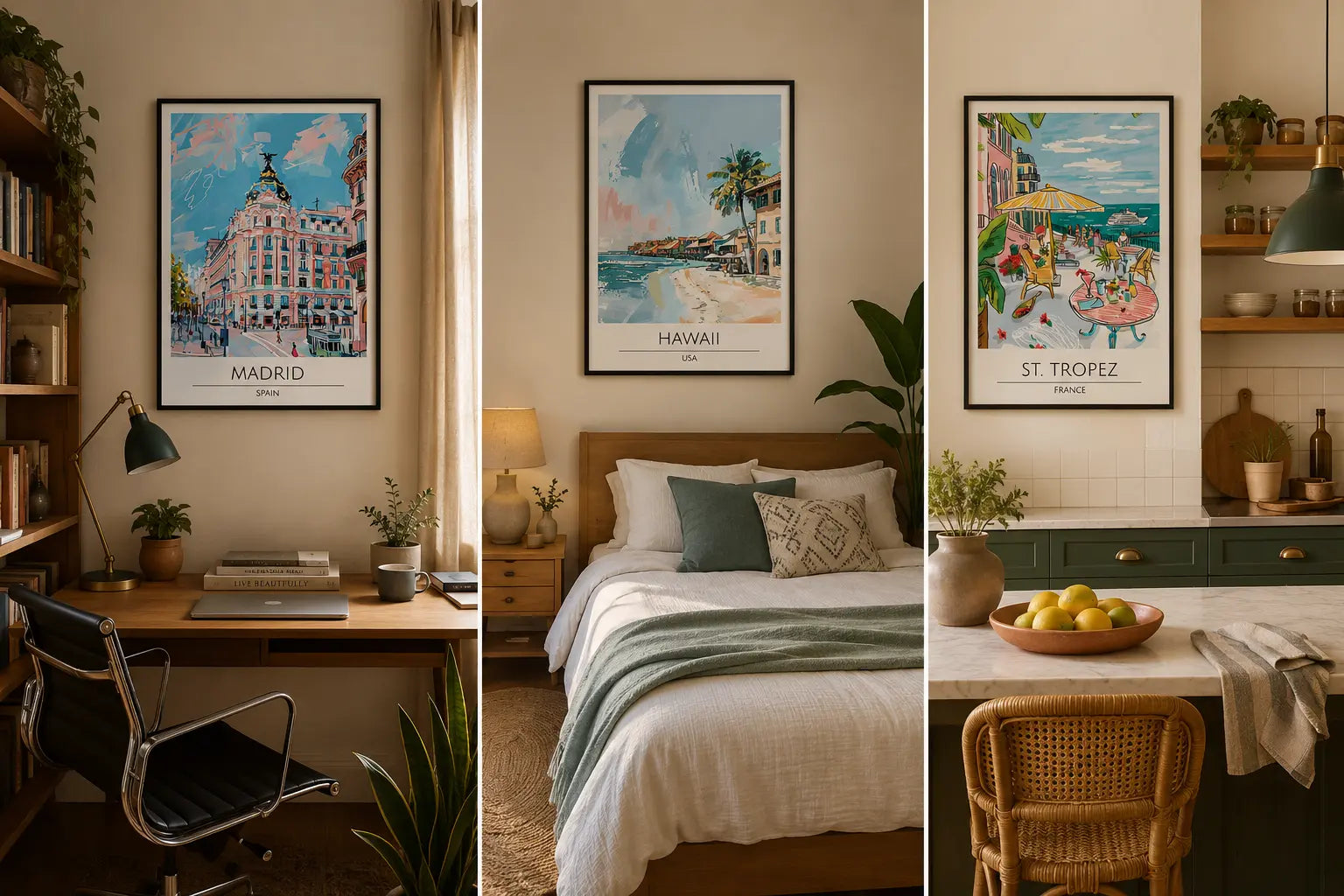 Travel city wall art styled in a home office bedroom and kitchen